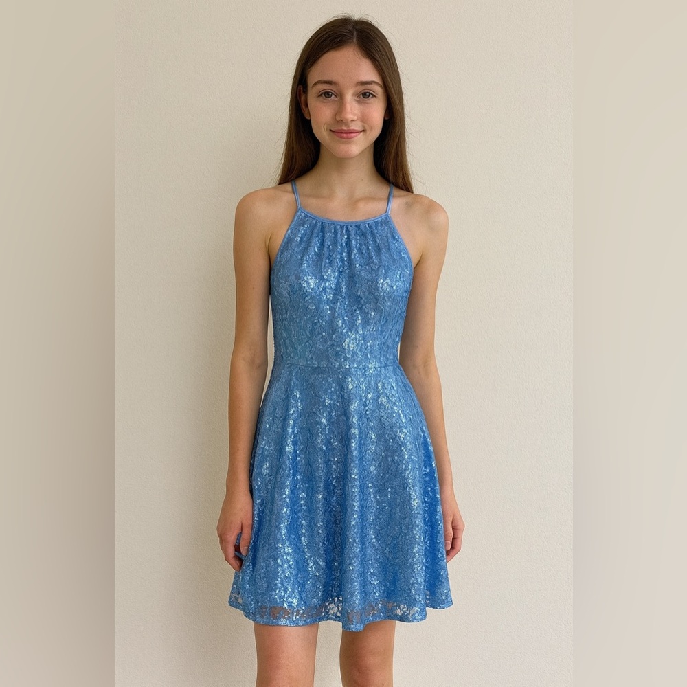 - Used B Darlin blue lace layered dress size 11/12 for teens